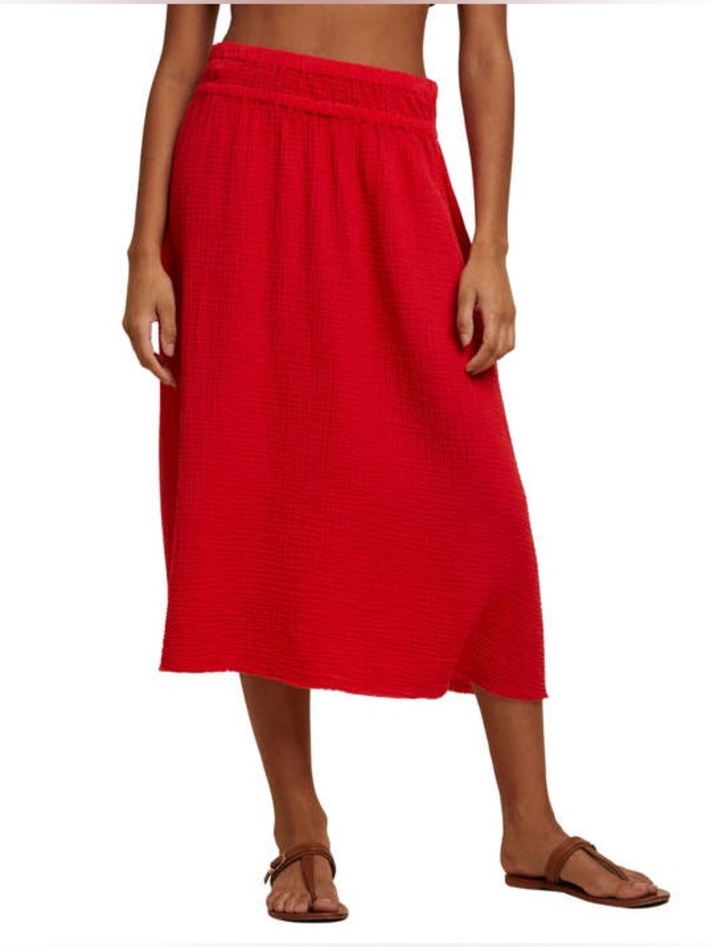 Nation LTD Red Midi Smocked-Waist Skirt